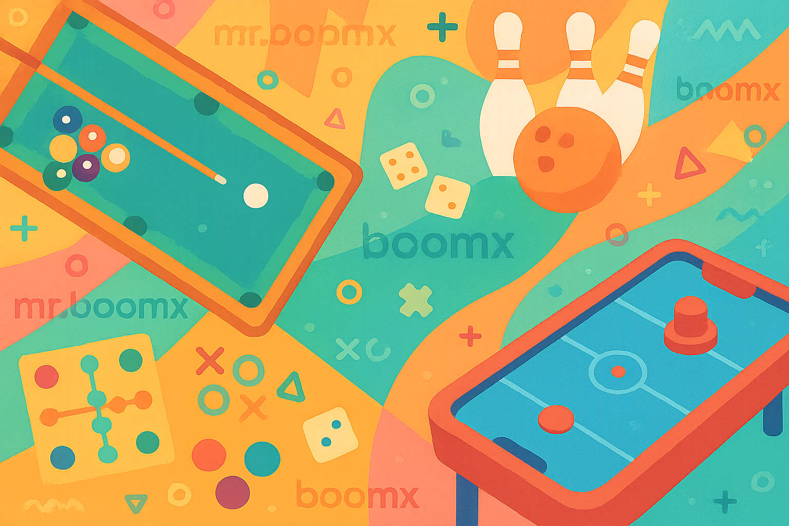 Imagenes de fondo en marca de agua, con juegos de mesa, billar, boliche, hockey de mesa, etc.  usa mr.boomx y boomx muchas veces entre las imagenes, tambien en marca de agua. todo debe verse amigable y juvenil.